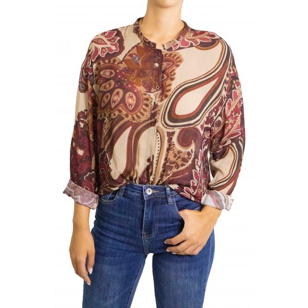 Camicia fantasia con collo alla coreana 